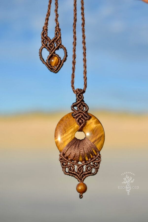 tiger eye donut macrame necklace hanging