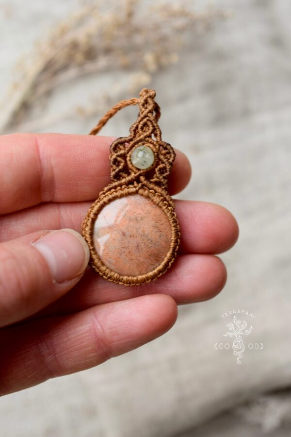 fossilized coral prehnite macrame necklace front