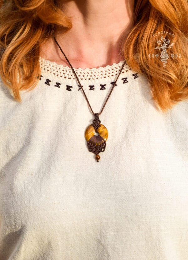 tiger eye donut macrame necklace wearing 1