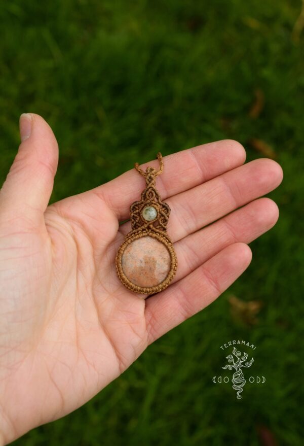 fossilized coral prehnite macrame necklace hand