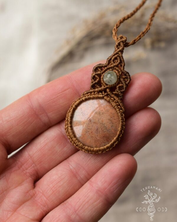 fossilized coral prehnite macrame necklace front 1