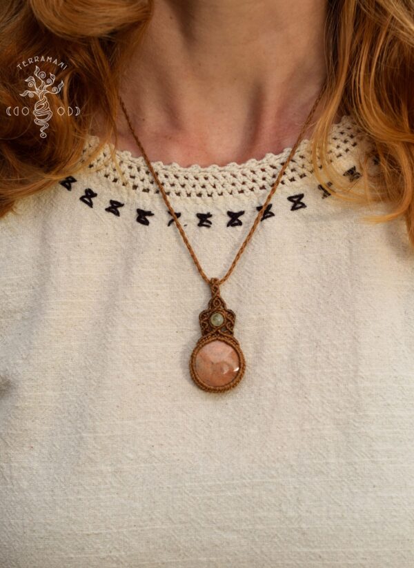 fossilized coral prehnite macrame necklace wearing