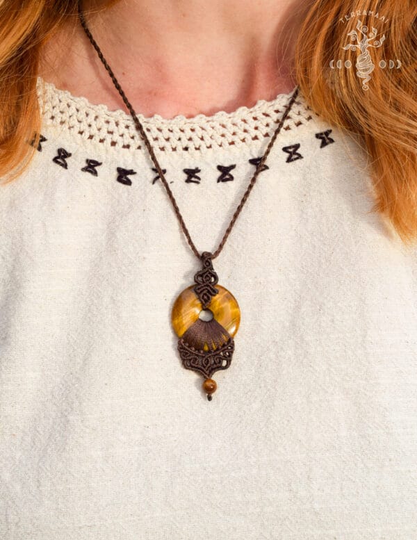 tiger eye donut macrame necklace wearing