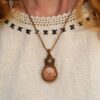 fossilized coral prehnite macrame necklace wearing 1