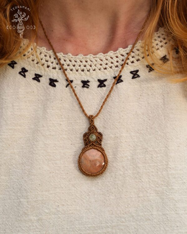 fossilized coral prehnite macrame necklace wearing 1