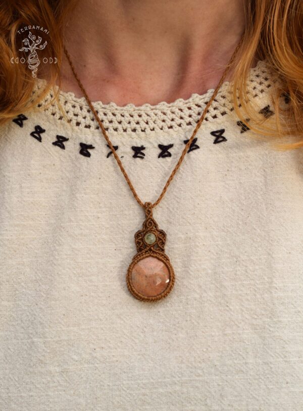 fossilized coral prehnite macrame necklace wearing 1